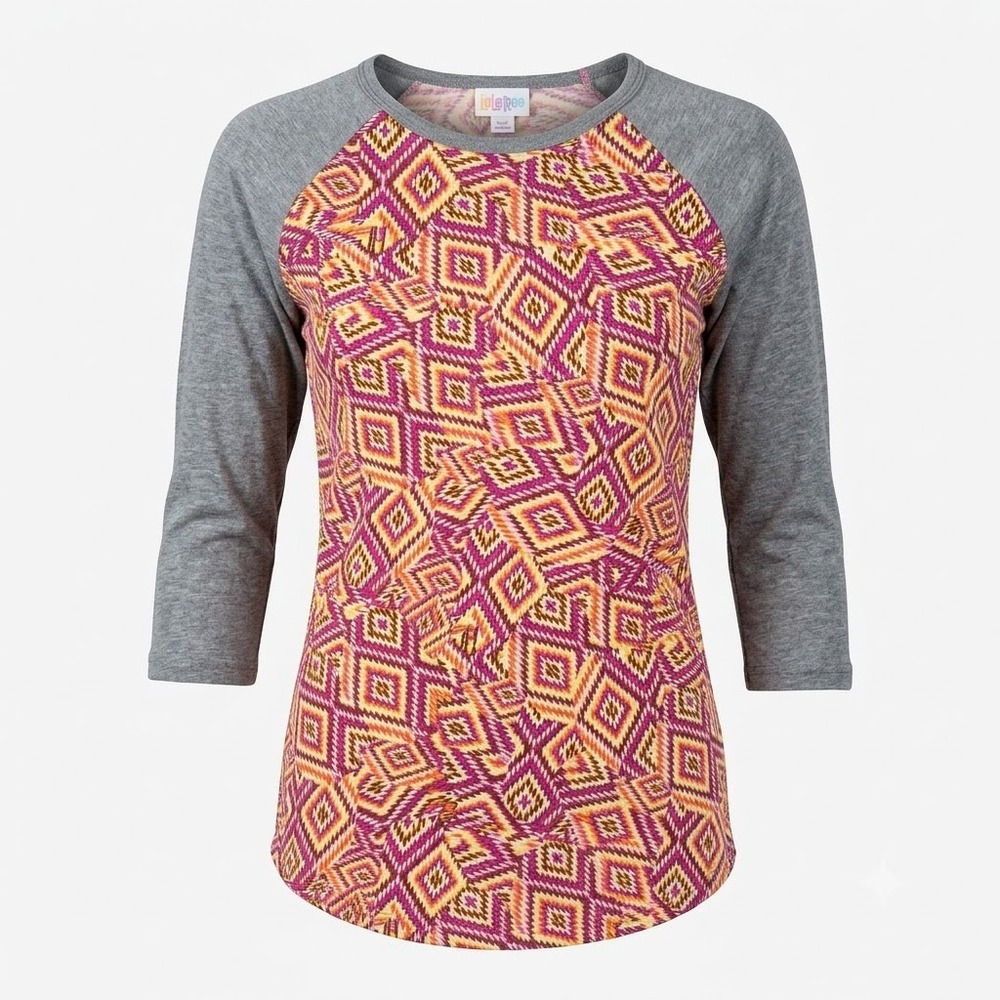 LuLaRoe Randy Baseball Tee‎ Womens Small Pink Yellow Geometric Raglan 3/4 Sleeve